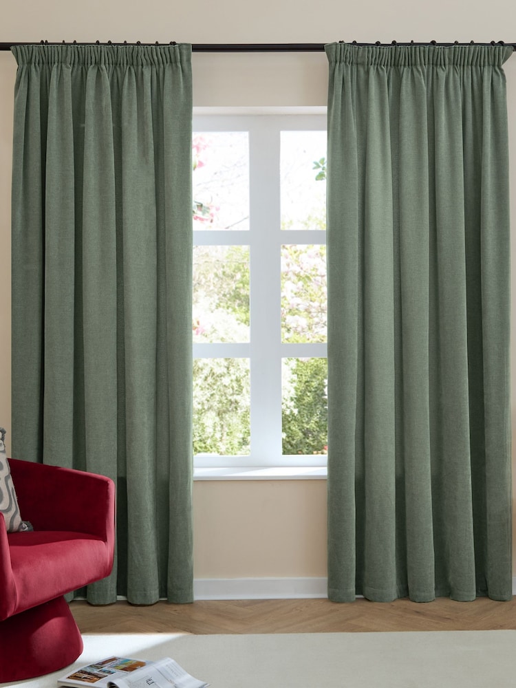 Furn Green Soft Chenille 100% Blackout Pencil Pleat Curtains - Image 2 of 8