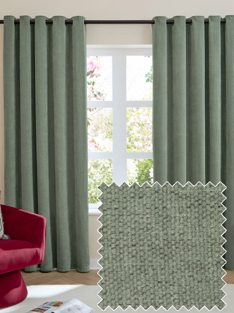 Furn Green Soft Chenille 100% Blackout Eyelet Curtains - Image 1 of 8