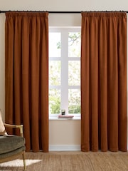 Furn Rust Soft Chenille 100% Blackout Pencil Pleat Curtains - Image 2 of 8