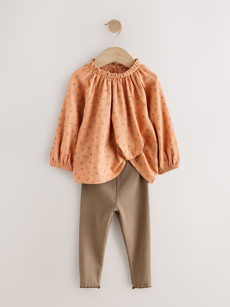Orange Ditsy Floral Long Sleeve Blouse and Leggings Set (3mths-7yrs) - Image 2 of 7 Orange Ditsy Floral Long Sleeve Blouse and Leggings Set (3mths-7yrs) - Image 2 of 7