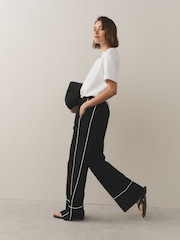 Black Linen Rich Wide Leg Trousers With Piping - Image 1 of 8