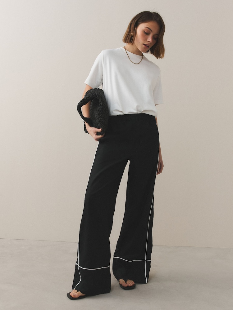 Black Linen Rich Wide Leg Trousers With Piping - Image 2 of 8