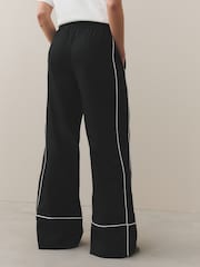 Black Linen Rich Wide Leg Trousers With Piping - Image 3 of 8