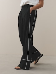 Black Linen Rich Wide Leg Trousers With Piping - Image 4 of 8