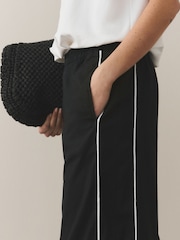 Black Linen Rich Wide Leg Trousers With Piping - Image 5 of 8