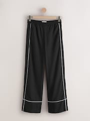 Black Linen Rich Wide Leg Trousers With Piping - Image 6 of 8