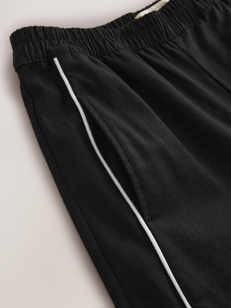 Black Linen Rich Wide Leg Trousers With Piping - Image 8 of 8