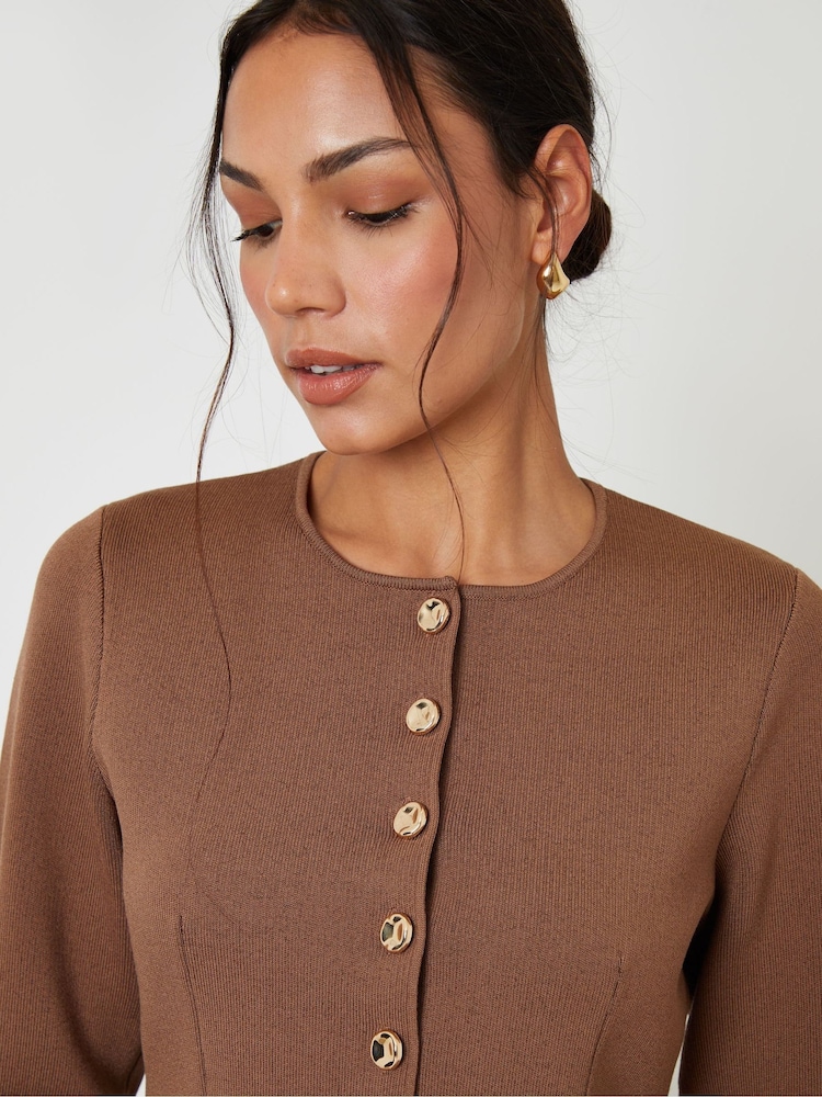 Threadbare Brown Cinched Knitted Button Up Cardigan - Image 2 of 5 Threadbare Brown Cinched Knitted Button Up Cardigan - Image 2 of 5