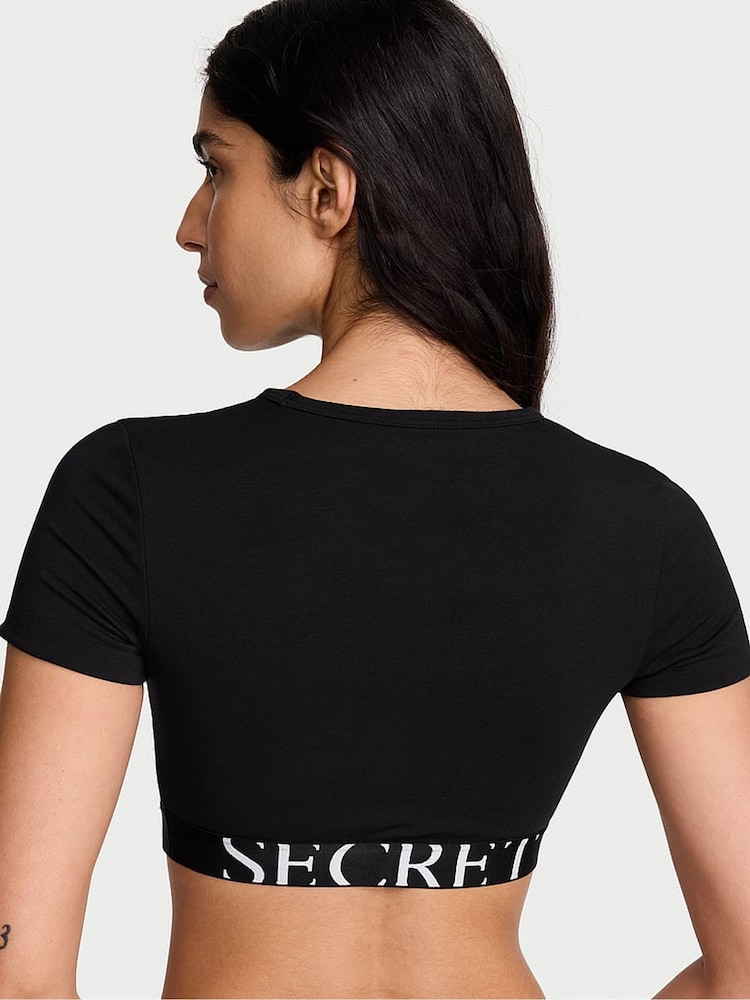 Victoria's Secret Black Cotton Exploded Logo Short Sleeve Bralette Top - Image 2 of 3