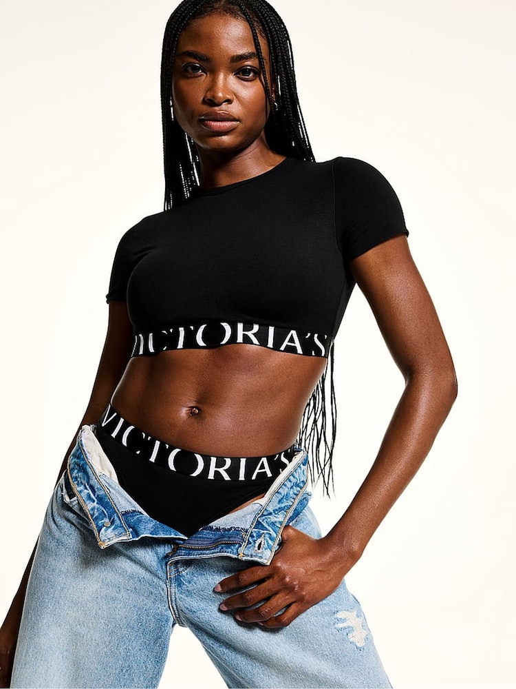 Victoria's Secret Black Cotton Exploded Logo Short Sleeve Bralette Top - Image 3 of 3