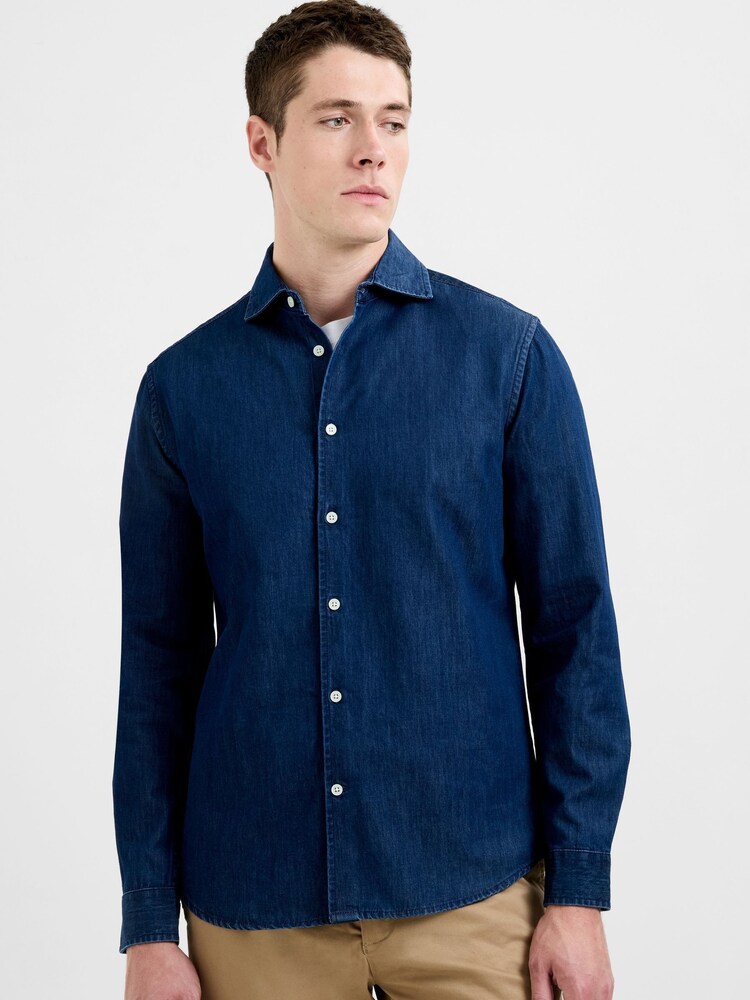 French Connection Blue Cotton Denim-Style Long Sleeve Button-Up Shirt - Image 1 of 5 French Connection Blue Cotton Denim-Style Long Sleeve Button-Up Shirt - Image 1 of 5