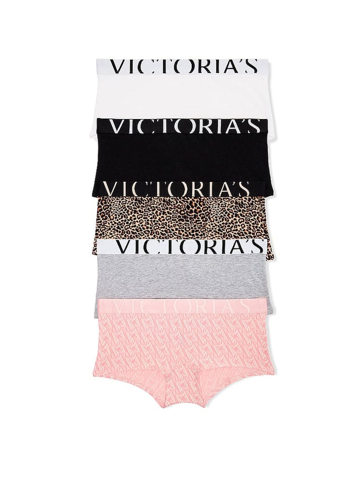 Victoria's Secret Black/Leopard/Grey/Pink/White Short Exploded Logo Knickers 5 Pack - Image 1 of 1