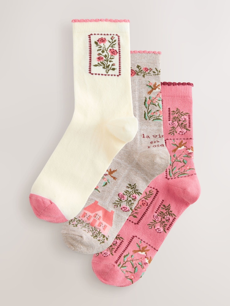 Pink Floral Textured Ankle Socks 3 Pack - Image 1 of 6