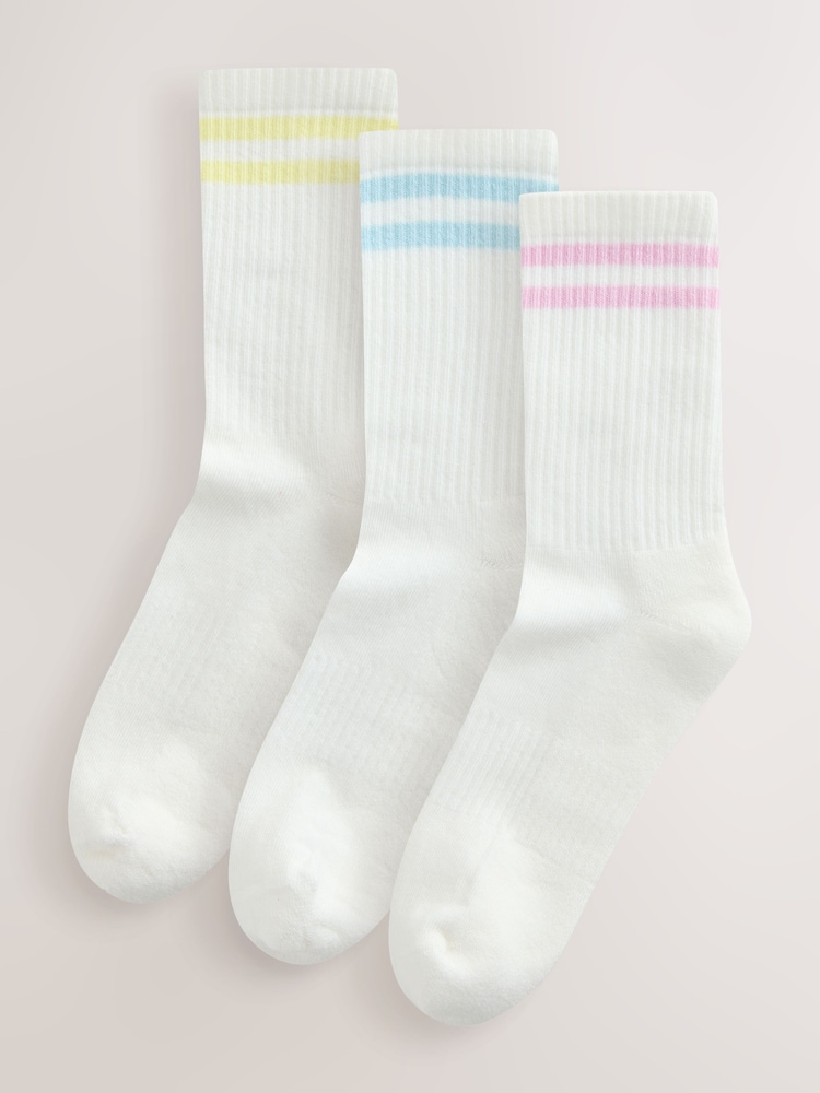 White/Pastel Stripe Cushion Sole Ribbed Sport Ankle Socks With Arch Support 3 Pack - Image 1 of 6