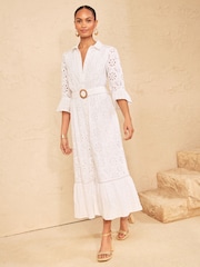 Love & Roses White Broderie Belt Shirt Midi Dress - Image 1 of 4