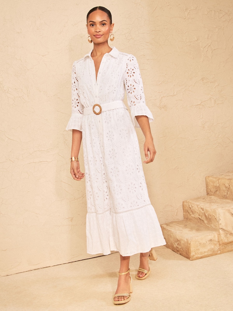 Love & Roses White Broderie Belt Shirt Midi Dress - Image 1 of 4