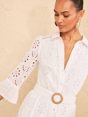 Love & Roses White Broderie Belt Shirt Midi Dress - Image 2 of 4