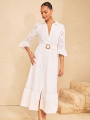 Love & Roses White Broderie Belt Shirt Midi Dress - Image 3 of 4