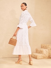 Love & Roses White Broderie Belt Shirt Midi Dress - Image 4 of 4