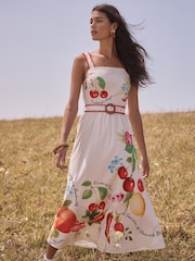 Love & Roses Multi Fruit Blanket Stitched Belted Linen Sundress - Image 1 of 6