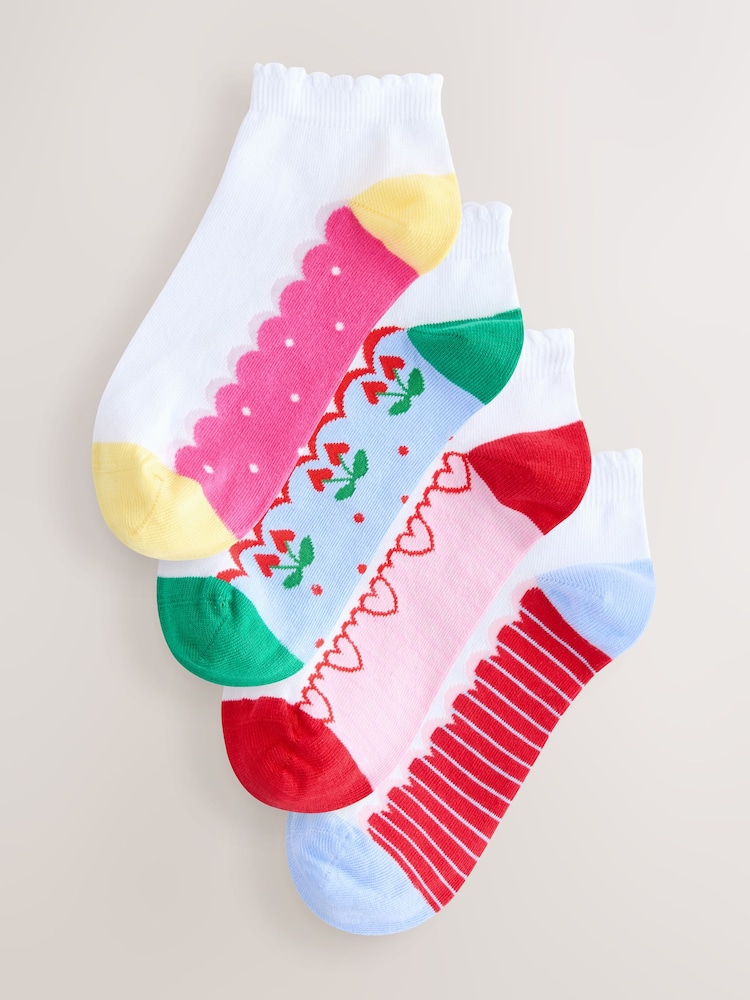 White/Cherry Heart Print Footbed Trainer Socks 4 Pack - Image 1 of 7
