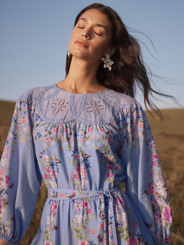 Love & Roses Pale Blue Floral Lace Trim Crew Neck Mini Dress - Image 2 of 5