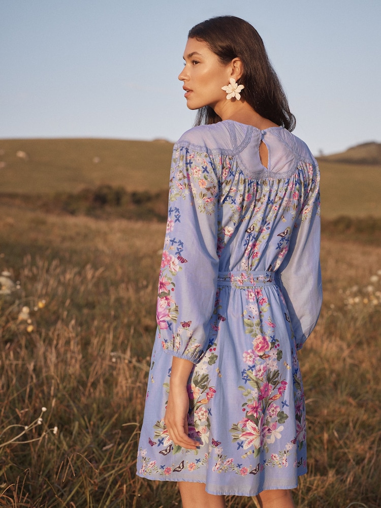 Love & Roses Pale Blue Floral Lace Trim Crew Neck Mini Dress - Image 5 of 5