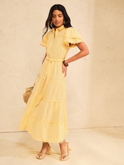 Love & Roses Lemon Yellow Cotton Ric Rac Trim Shirt Midi Dress - Image 3 of 4