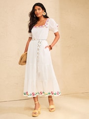 Love & Roses White Embroidered Square Neck Puff Sleeve Midi Dress - Image 1 of 4