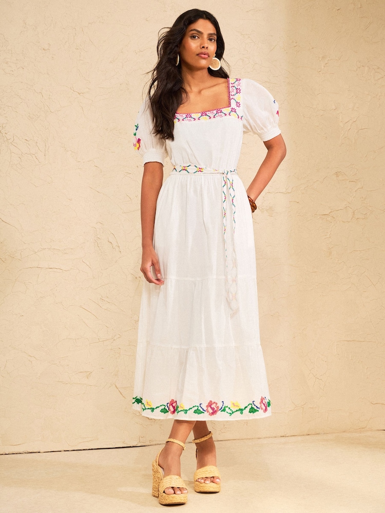 Buy Love & Roses White Embroidered Square Neck Puff Sleeve Midi Dress from  Next USA