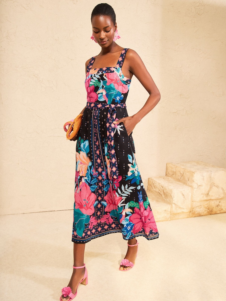 Love & Roses Black Placement Print Cotton Midi Sundress - Image 1 of 4