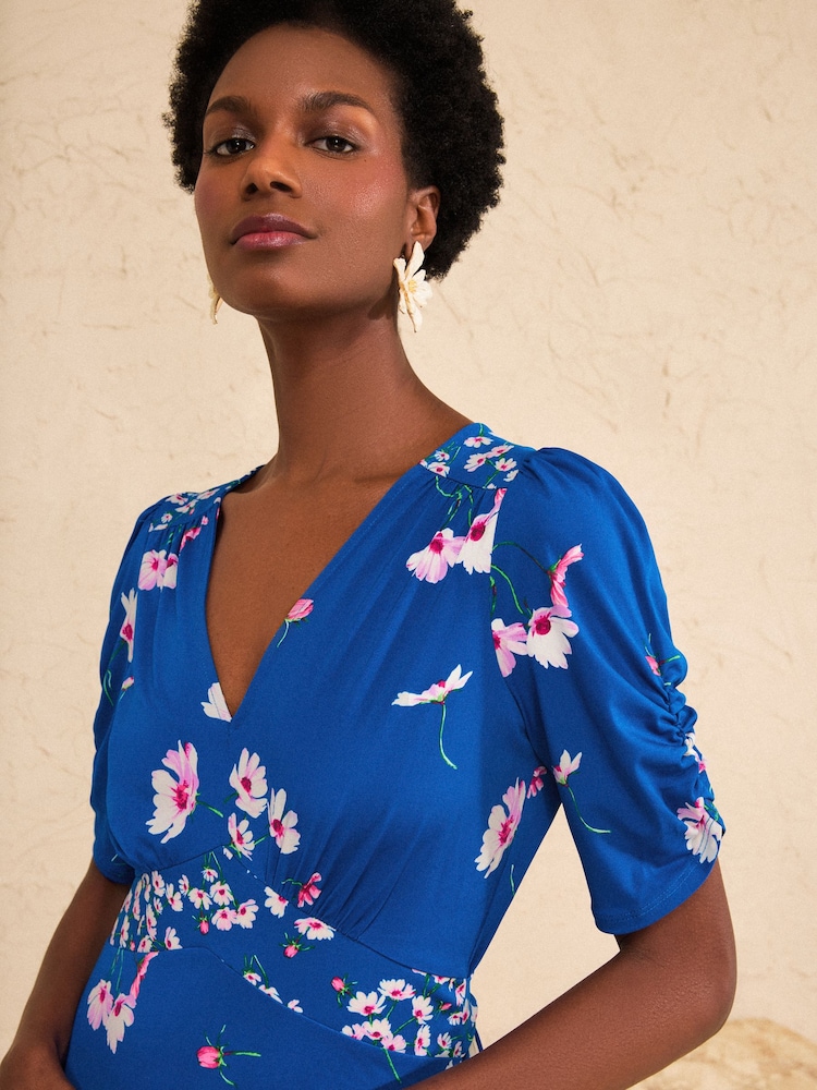 Love & Roses Cobalt Blue Floral Patched Mini Tea Dress - Image 2 of 4 Love & Roses Cobalt Blue Floral Patched Mini Tea Dress - Image 2 of 4