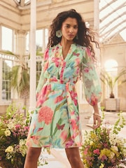 Love & Roses Green Blurred Floral V-Neck Crepe Mini Shirt Dress - Image 1 of 5