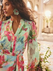 Love & Roses Green Blurred Floral V-Neck Crepe Mini Shirt Dress - Image 2 of 5