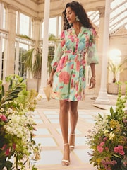 Love & Roses Green Blurred Floral V-Neck Crepe Mini Shirt Dress - Image 3 of 5