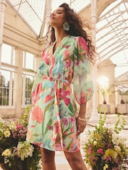 Love & Roses Green Blurred Floral V-Neck Crepe Mini Shirt Dress - Image 4 of 5