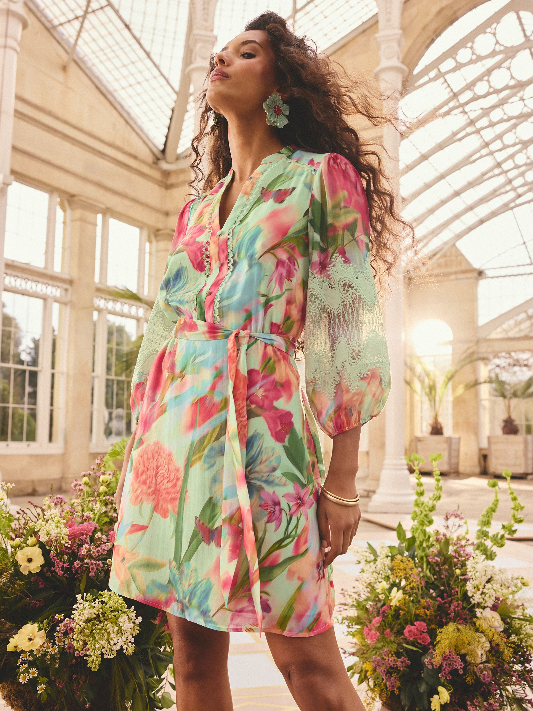 Buy Love & Roses x RHS Green Blurred Floral V-Neck Crepe Mini