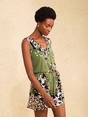 Love & Roses Khaki Green Animal Print V-Neck Playsuit - Image 1 of 4