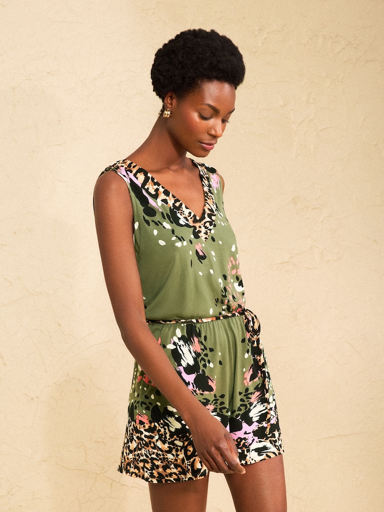 Love & Roses Khaki Green Animal Print V-Neck Playsuit - Image 1 of 4