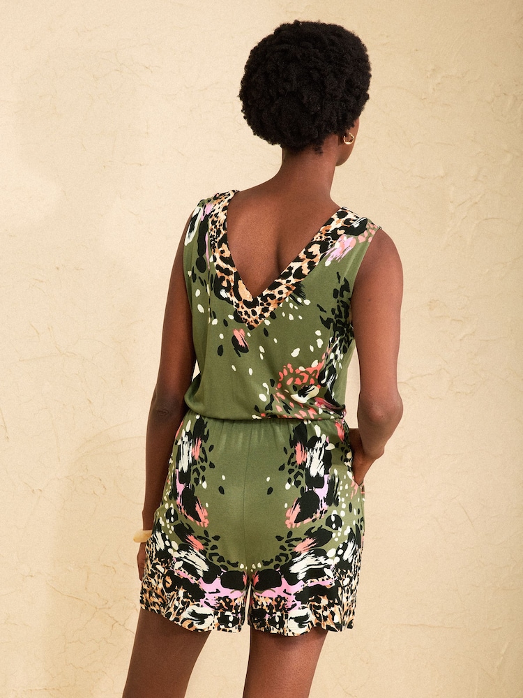 Love & Roses Khaki Green Animal Print V-Neck Playsuit - Image 4 of 4