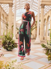 Love & Roses Black Floral Halter Neck Tie Waist Jumpsuit - Image 3 of 4