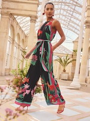 Love & Roses Black Floral Halter Neck Tie Waist Jumpsuit - Image 4 of 4