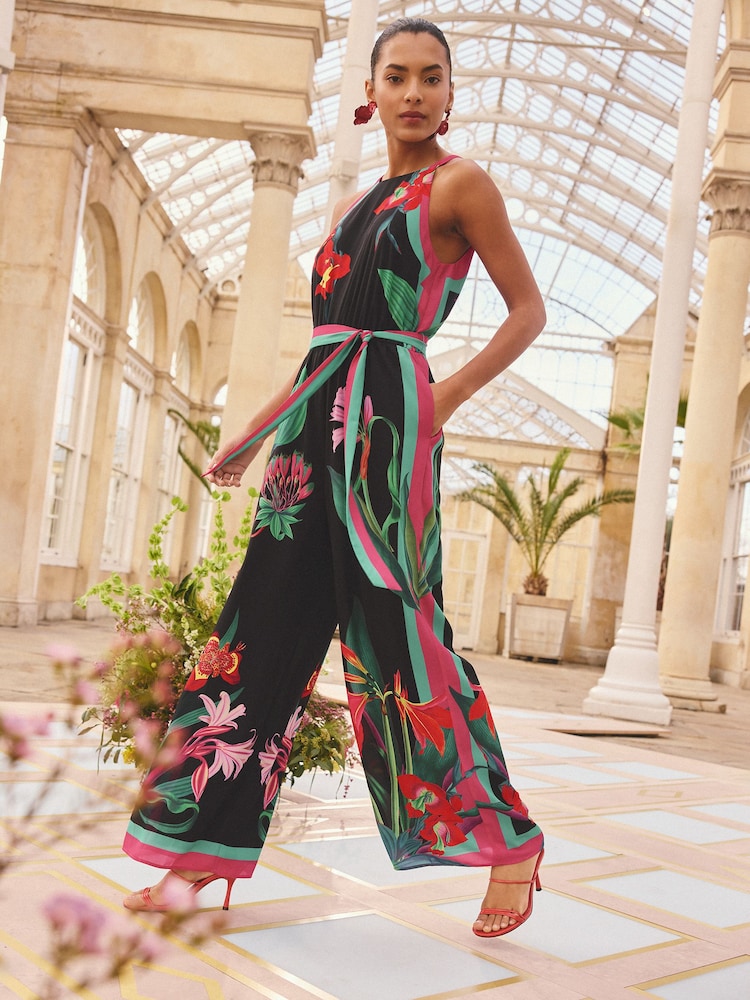 Love & Roses Black Floral Halter Neck Tie Waist Jumpsuit - Image 4 of 4