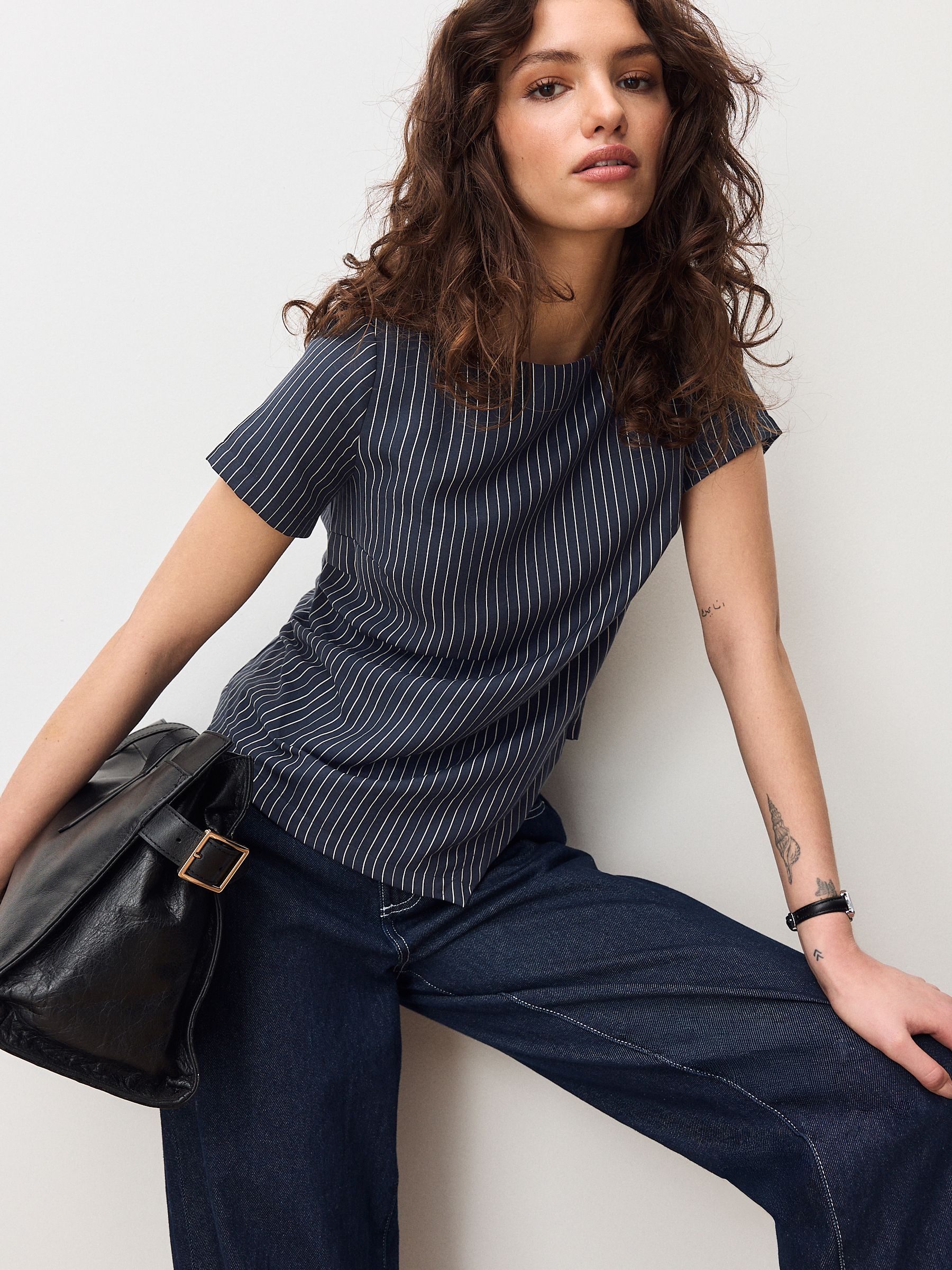 トップス OU Buy Navy Pinstripe Asymmetric Draped Short Sleeve Top from Next USA