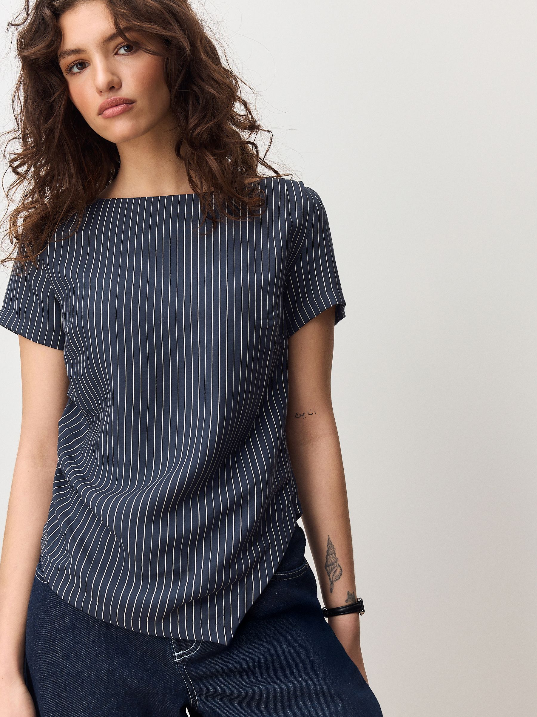 Buy Navy Pinstripe Asymmetric Draped Short Sleeve Top from Next USA