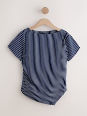 Navy Pinstripe Asymmetric Draped Short Sleeve Top - Image 6 of 9