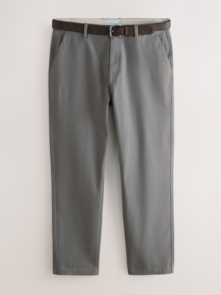 Gri deschis - Croi drept - Pantaloni chino din material moale cu curea - Imaginea 1 din 4