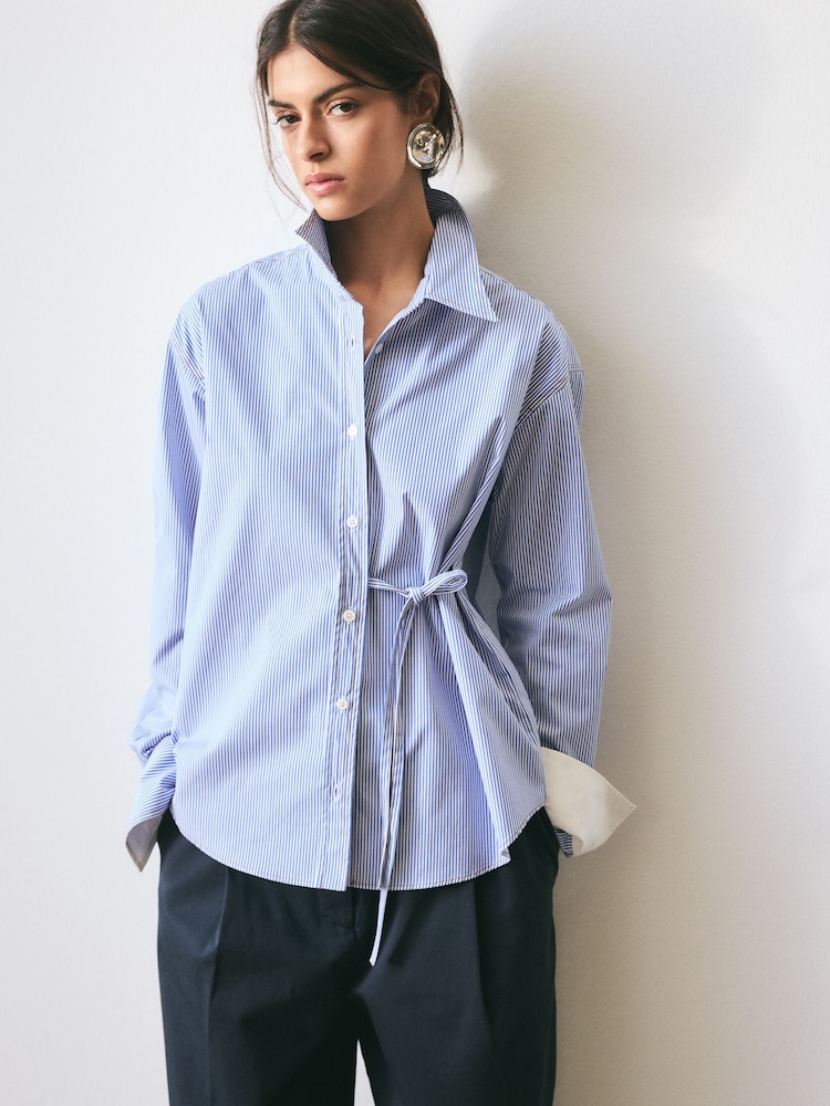 BHOEM Blue Stripes Shirt With Tie Detail - Image 1 of 6
