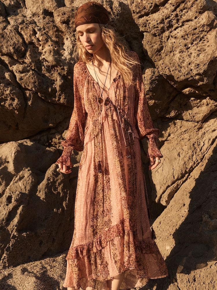 BHOEM Pink/Brown Floral Print Metallic Maxi Dress - Image 1 of 6 BHOEM Pink/Brown Floral Print Metallic Maxi Dress - Image 1 of 6