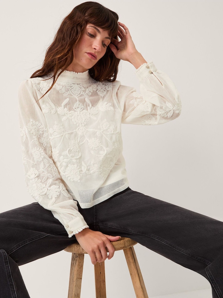 Monsoon Leni High Neck Embroidered Mesh Blouse - Imagem 1 de 5